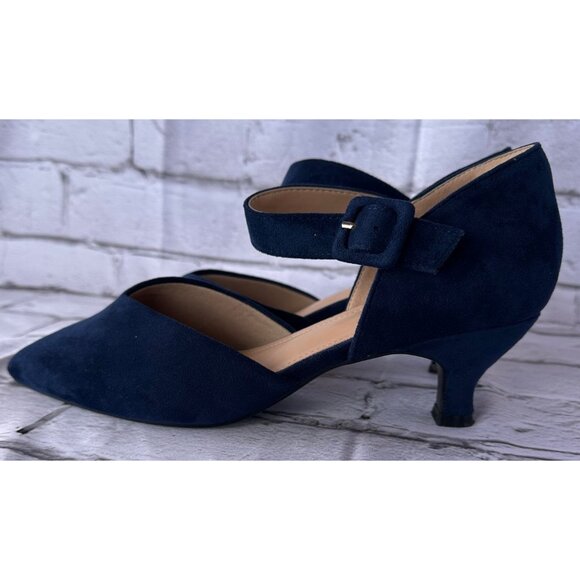 NIB Pointed Closed Toe Ankle Strap Buckle Slip on Low Heel Pumps Navy Blue Sz 10 - Picture 3 of 13